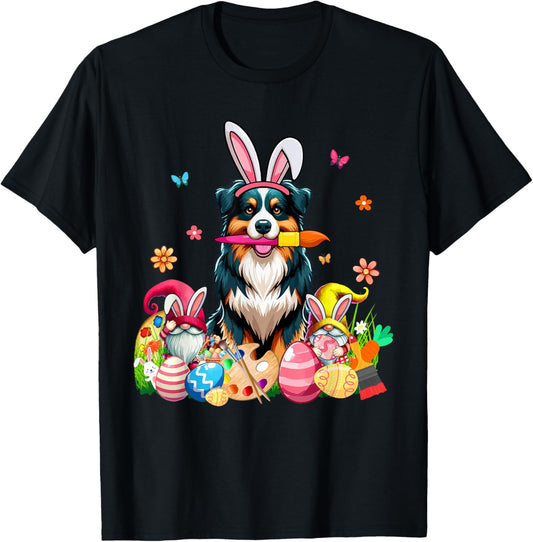 Australian Shepherd Bunny Painting Easter Eggs Gnomes T-Shirt