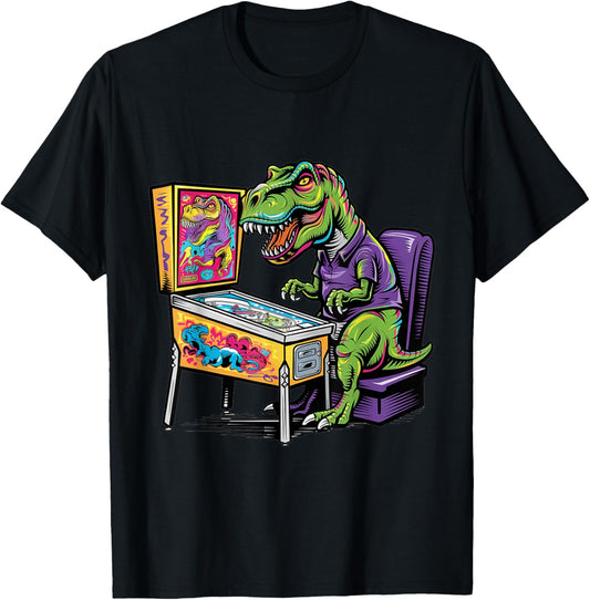 Funny T-rex Dinosaur Playing on Pinball Machine Retro Art T-Shirt