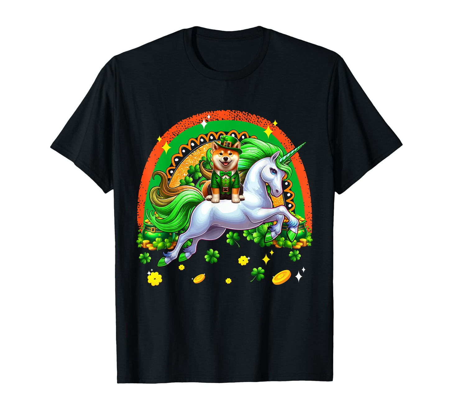 Patrick's Day Shiba Inu Riding Unicorn Shamrocks Rainbow T-Shirt