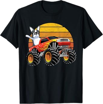 Monster Truck Boston Terrier Dog Retro Sunset Boys Kids Gift T-Shirt
