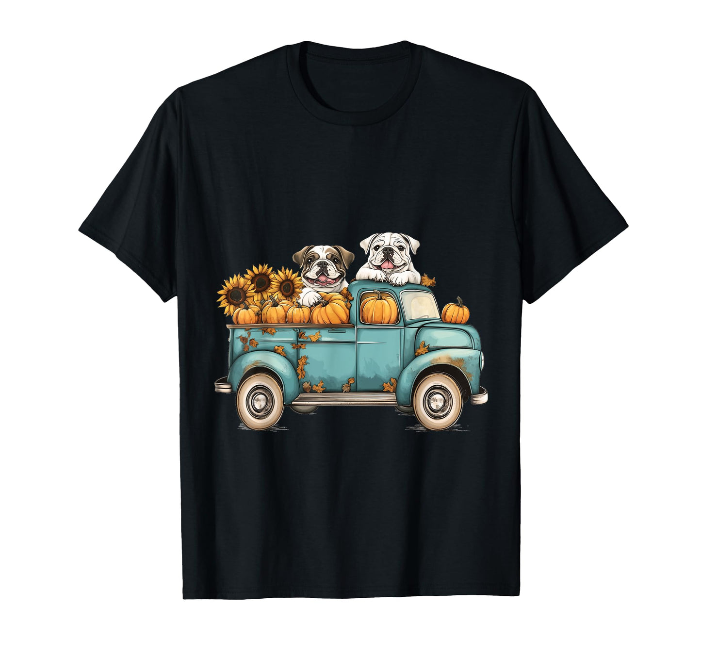 Cute Autumn English Bulldogs Pumpkins Sunflowers Fall Dogs T-Shirt