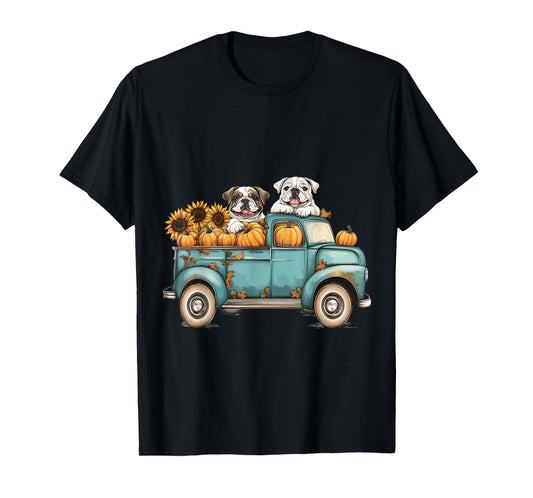Cute Autumn English Bulldogs Pumpkins Sunflowers Fall Dogs T-Shirt