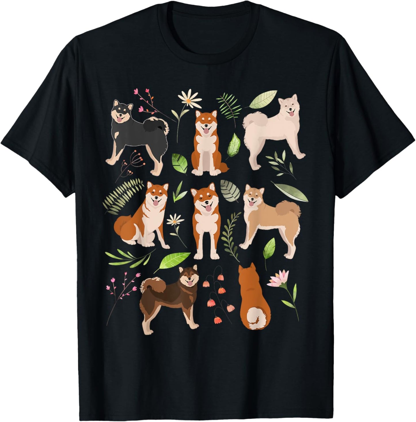 Shiba Inu Dog Flowers, Cute Pet Red Black Tan White Sesame T-Shirt