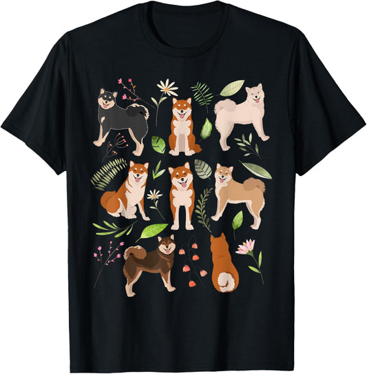 Shiba Inu Dog Flowers, Cute Pet Red Black Tan White Sesame T-Shirt