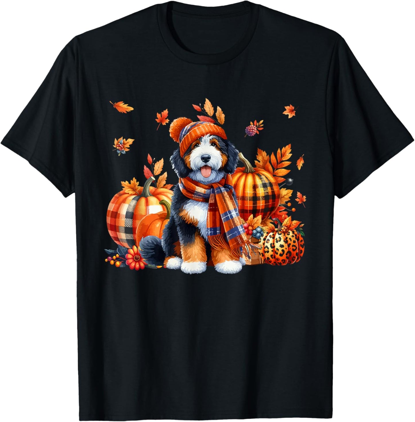 Bernedoodle Thanksgiving Leopard Pumpkins Fall Leaves Lover T-Shirt