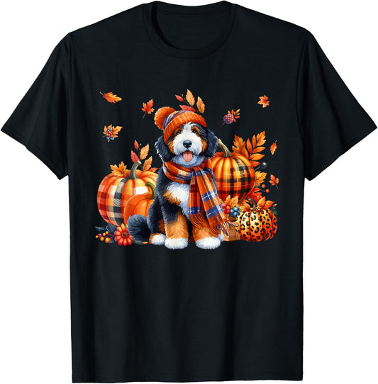 Bernedoodle Thanksgiving Leopard Pumpkins Fall Leaves Lover T-Shirt
