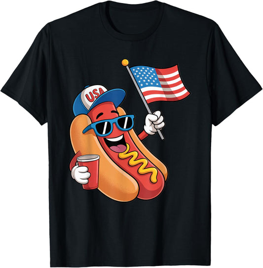 4th of July Hotdog Funny Fourth of July Patriotic USA Flag T-Shirt
