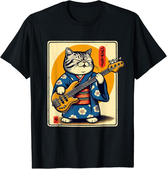 Japanese Samurai Cat Playing The Bass T-Shirt
