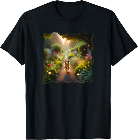 Golden Retriever Dog Running Down a Garden Path T-Shirt