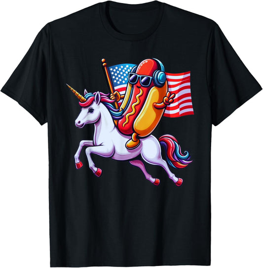 Funny 4th Of July Hotdog Sunglasses Unicorn American Flag T-Shirt