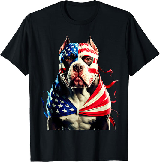 Patriotic Pitbull Wrapped in American Flag Artwork T-Shirt
