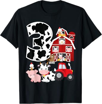 Farm Barnyard Theme Pig Cow Horse 3rd Birthday 3 Yrs Old T-Shirt