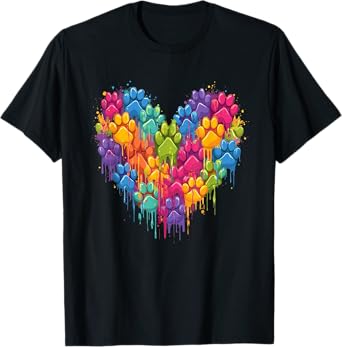 Colorful Dog Paw Heart Print Dad Mom Dog Lover T-Shirt