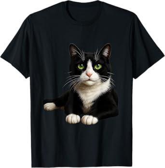 Tuxedo Cat with Green Eyes Artwork T-Shirt for Men Women