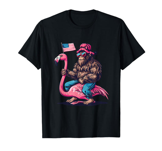 4th Of July Funny Bigfoot Flamingo American Flag USA T-Shirt