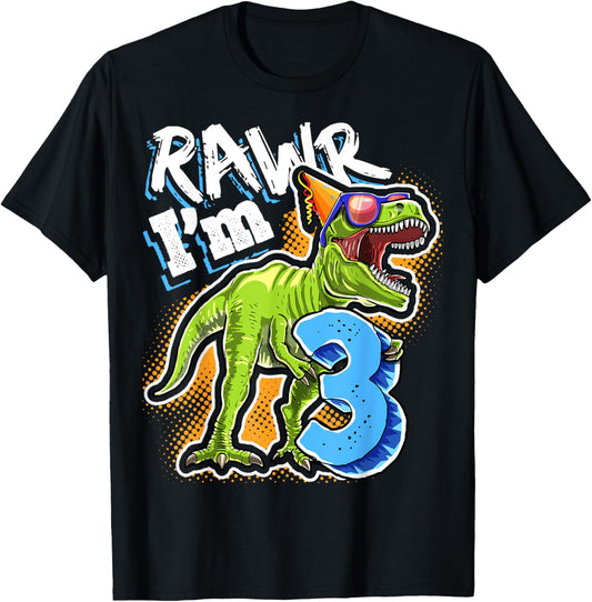 Kids Rawr I'm 3 3rd Birthday T Rex Dinosaur Party Gift Boys T-Shirt