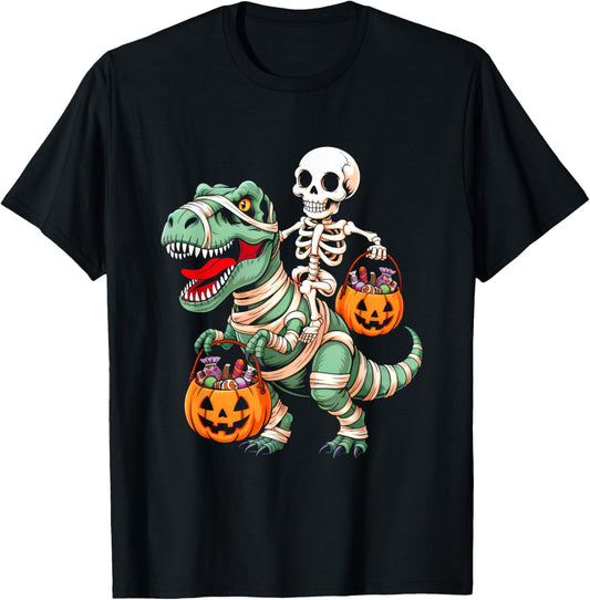 Skeleton Riding Mummy Dino Pumpkin Candy Halloween Costume T-Shirt