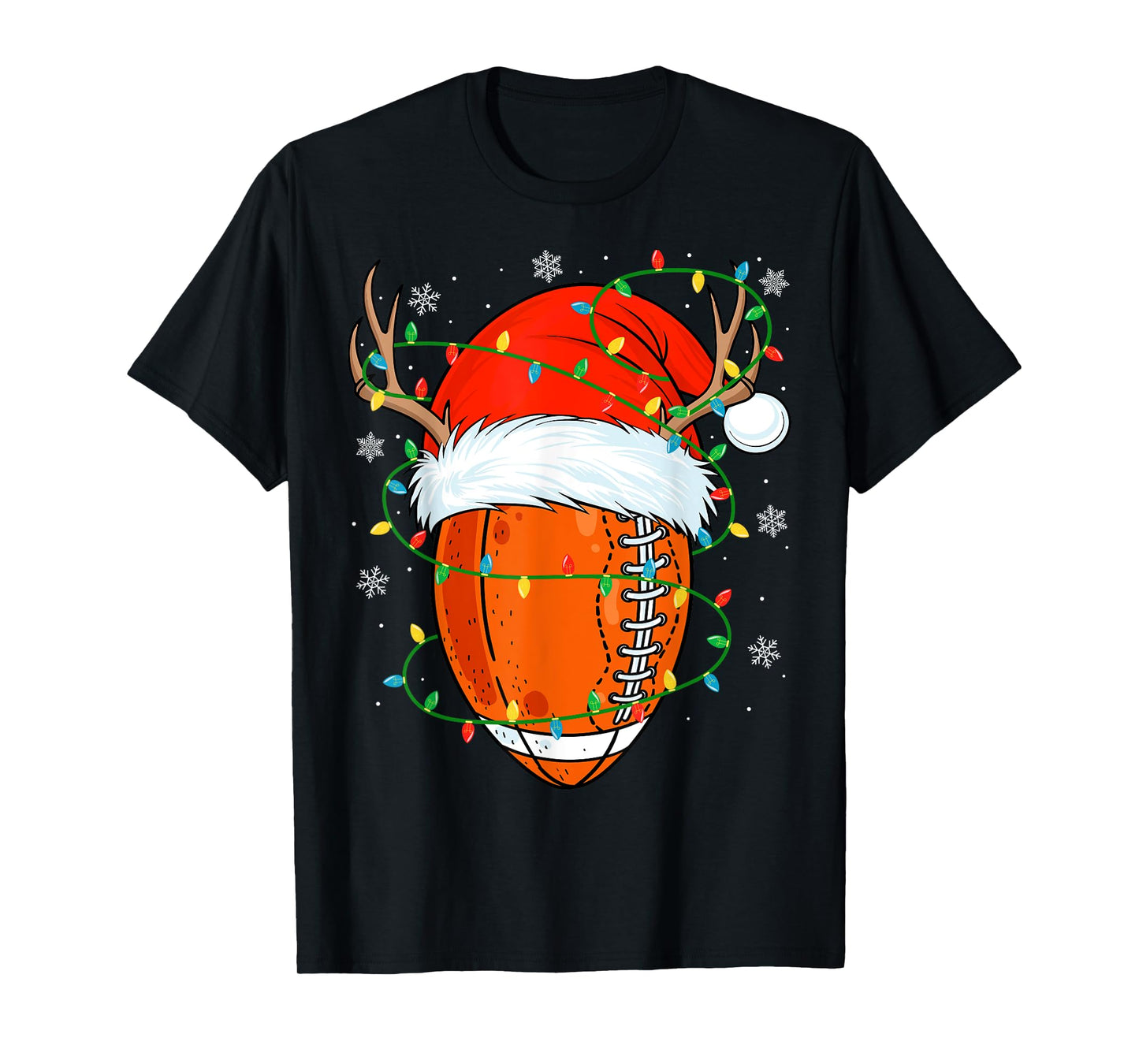 Santa Football Ball Xmas Lights Christmas Football Player T-Shirt