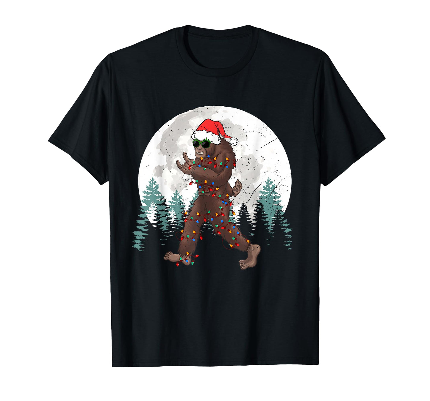 Sasquatch Christmas Tree Bigfoot Lights Xmas Rock Mens Boys T-Shirt