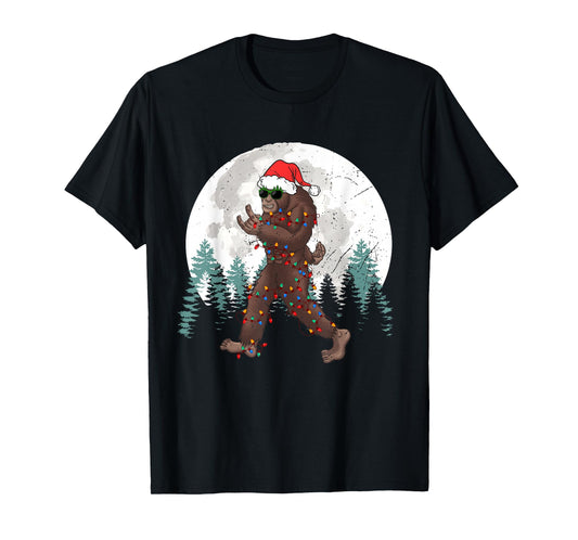 Sasquatch Christmas Tree Bigfoot Lights Xmas Rock Mens Boys T-Shirt