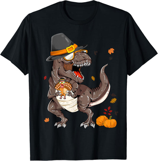 Dinosaur Thanksgiving Pilgrim T rex Turkey Boys Men Funny T-Shirt