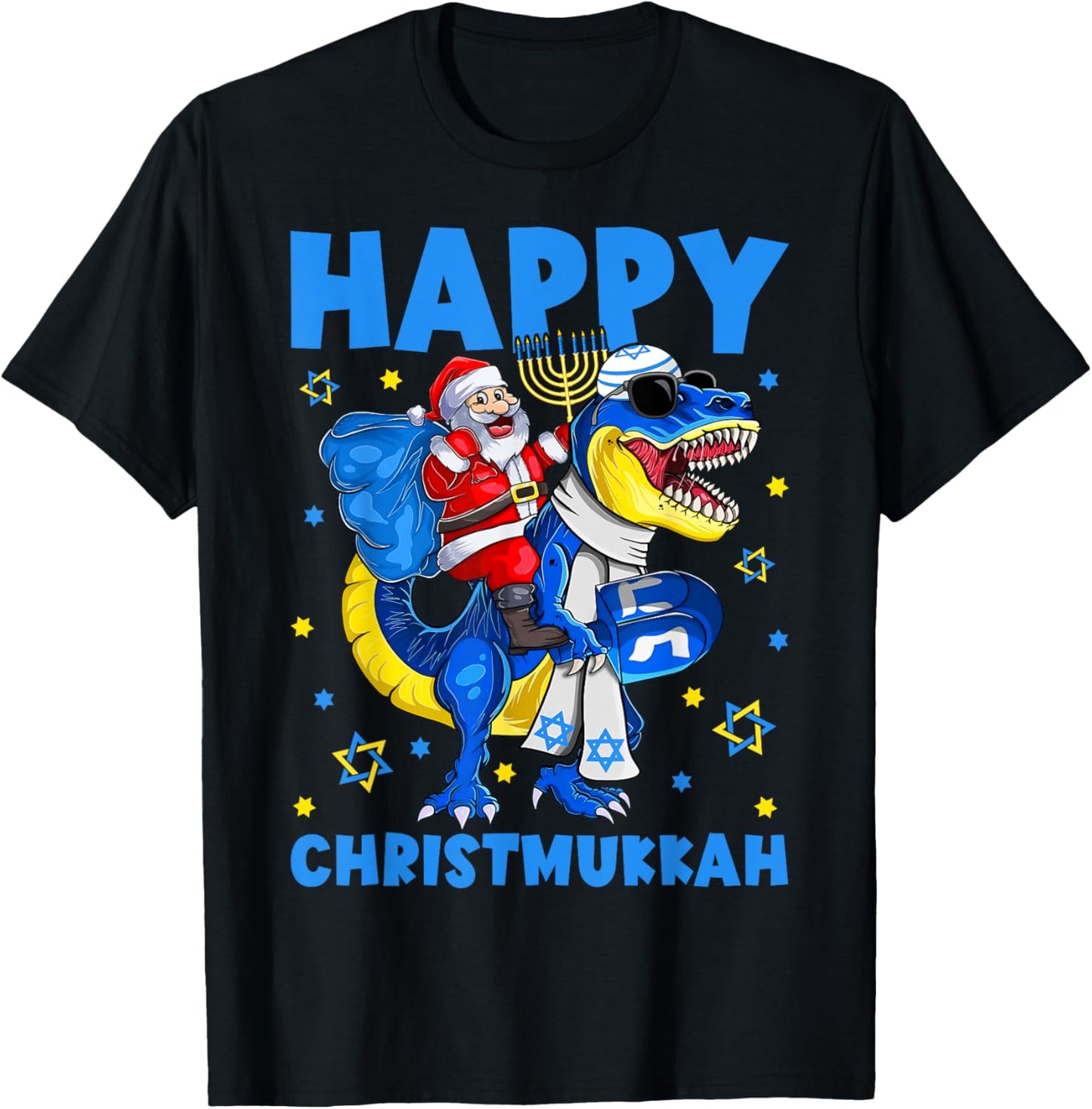 Happy Christmukkah Santa Rides Jewish T Rex Menorah Chanukah T-Shirt