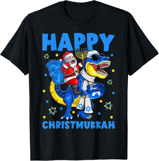Happy Christmukkah Santa Rides Jewish T Rex Menorah Chanukah T-Shirt