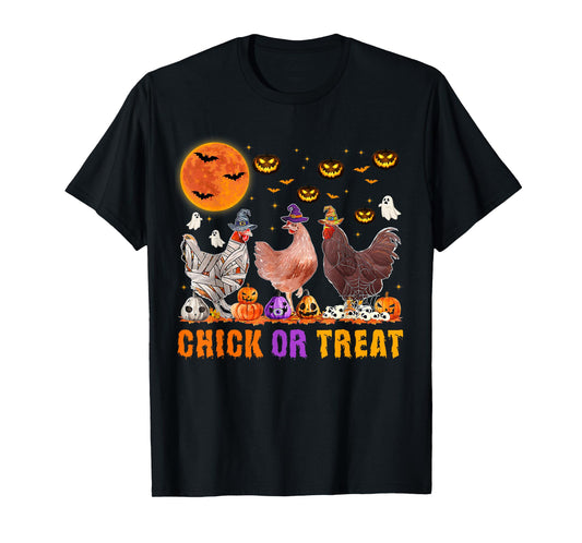 Halloween Chick or Treat Pumpkin Chicken Girl Farmer T-Shirt