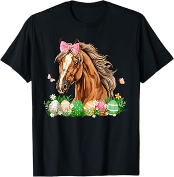 Cute Horse With Bow Easter Eggs Easter Day Kids Girls Women T-Shirt