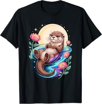 Space Flowers Sea Otters T-Shirt