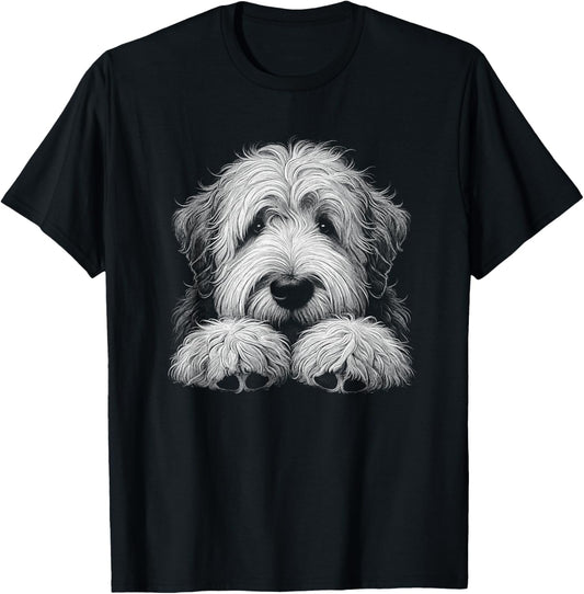 Old English Sheepdog Dog Peeking Art Design T-Shirt