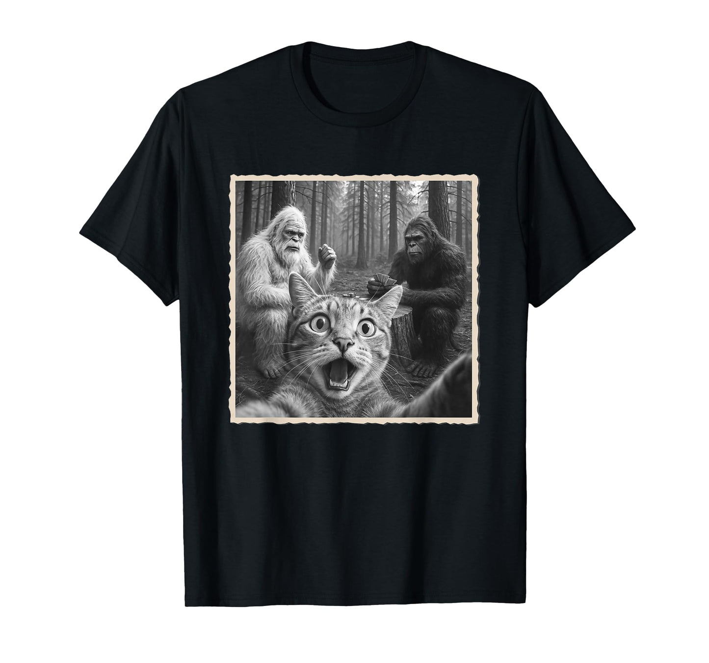Cat Selfie With Yeti & Bigfoot | Funny Scared Cat T-Shirt