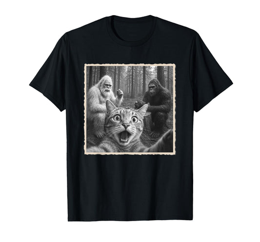 Cat Selfie With Yeti & Bigfoot | Funny Scared Cat T-Shirt