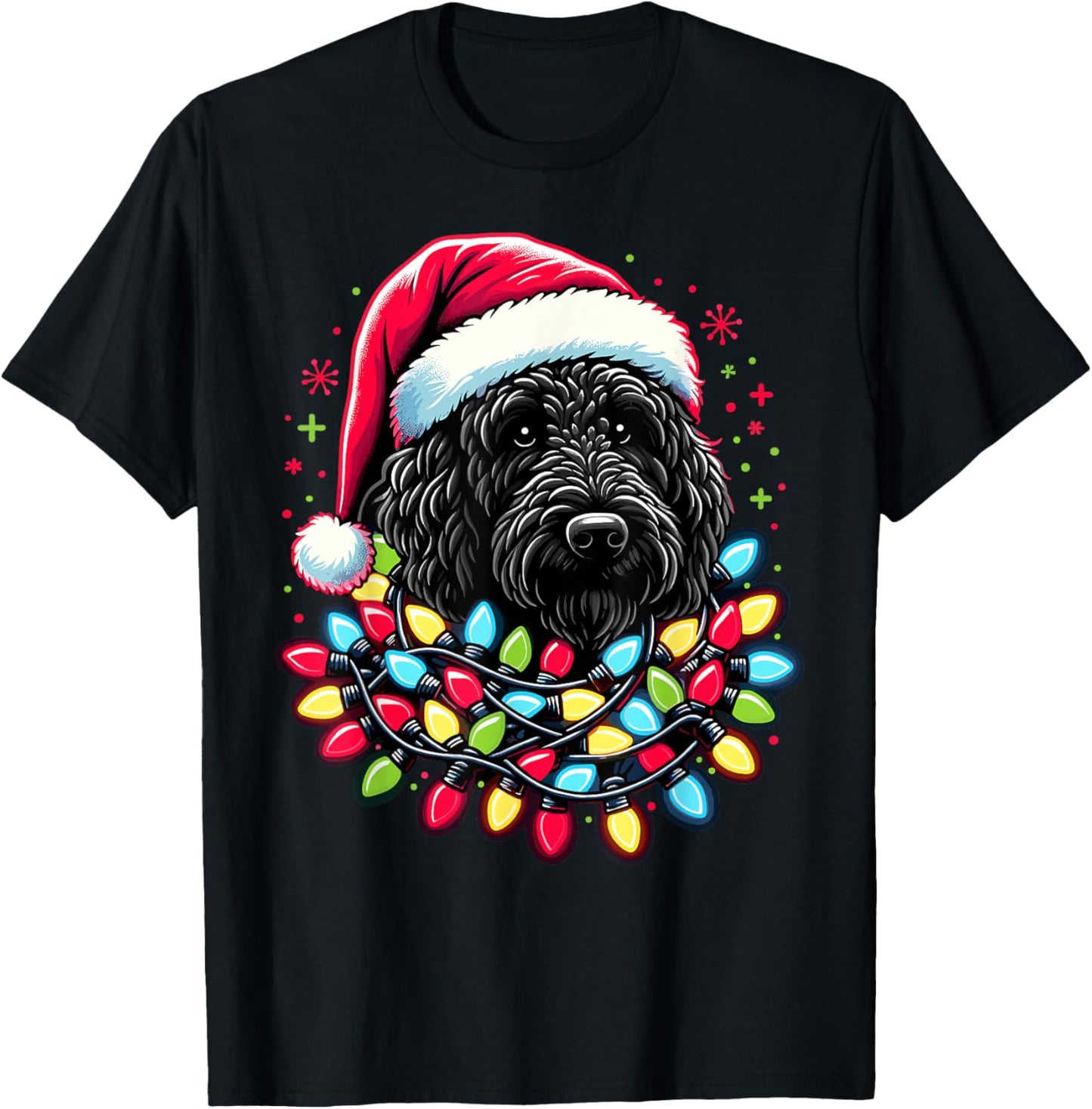 Black Labradoodle Christmas Tree Xmas Lights Doodle Dog T-Shirt
