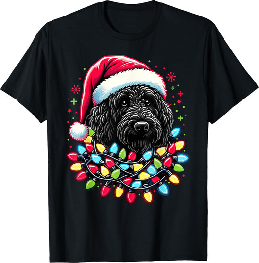 Black Labradoodle Christmas Tree Xmas Lights Doodle Dog T-Shirt