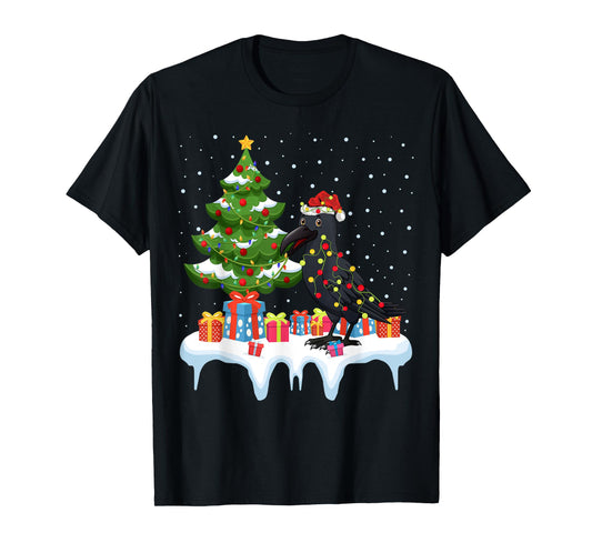 Xmas Lighting Tree Santa Hat Raven Christmas T-Shirt