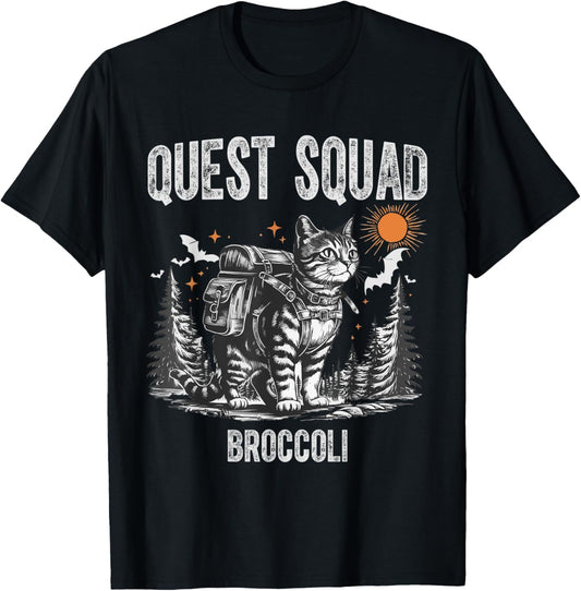 Quest Squad Broccoli Cat Adventure Hiking Novelty black cat T-Shirt