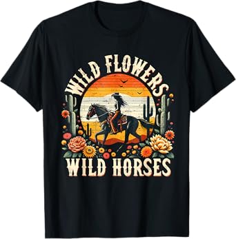 Sunset Cowgirl Riding Horse Wild Flowers Wild Horses T-Shirt