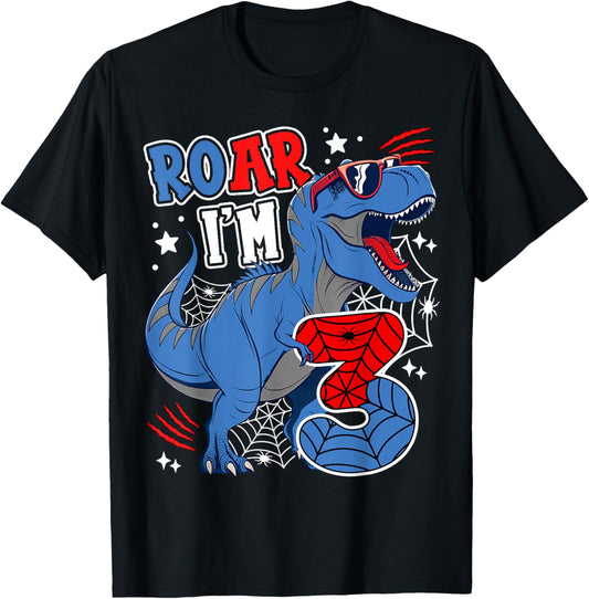 Dinosaur 3rd Birthday Spider Theme Party 3 Years Boy Kids T-Shirt