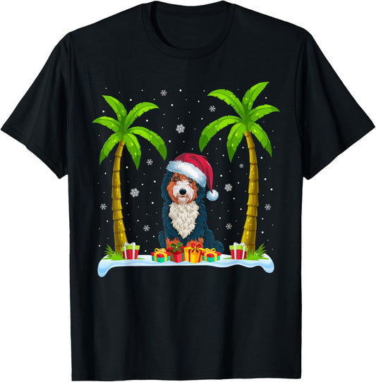 Bernedoodle Dog Santa Hat Palm Tree Beach Xmas Pajama T-Shirt