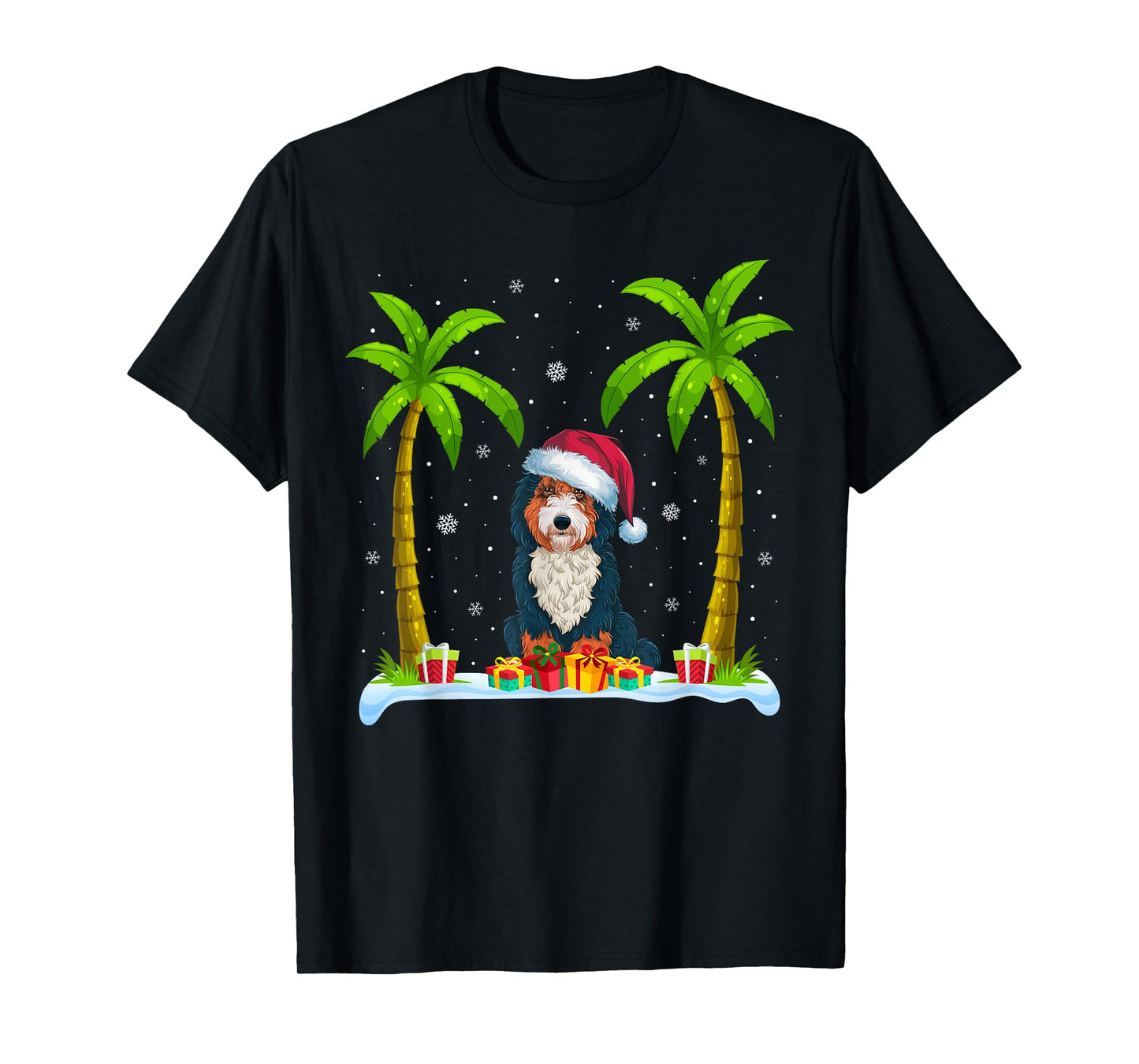 Bernedoodle Dog Santa Hat Palm Tree Beach Xmas Pajama Men Women Kids T-Shirt