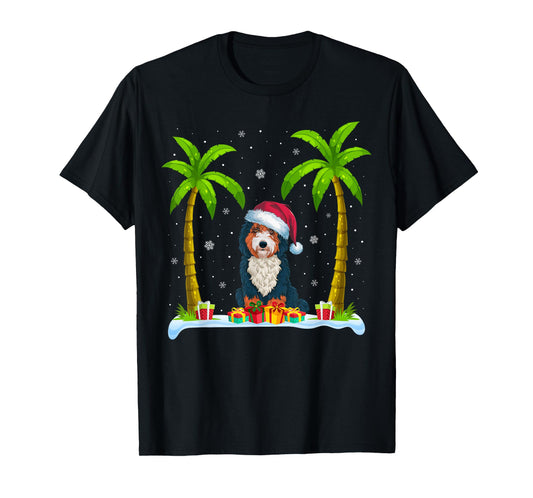 Bernedoodle Dog Santa Hat Palm Tree Beach Xmas Pajama Men Women Kids T-Shirt