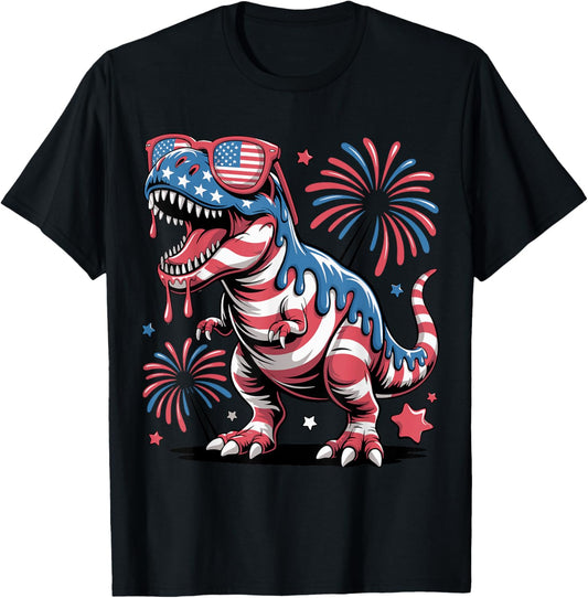 Dinosaur 4th of July Kids Boys Amerisaurus Rex Drip Funny T-Shirt