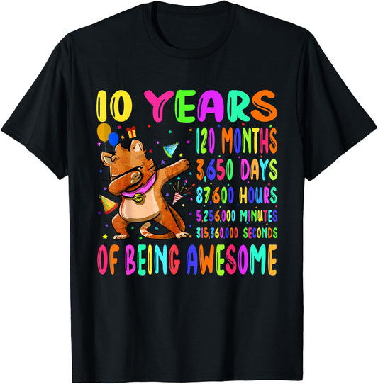 Dabbing Cat 10 Years 120 Months Boy Girl 10th Birthday Party T-Shirt