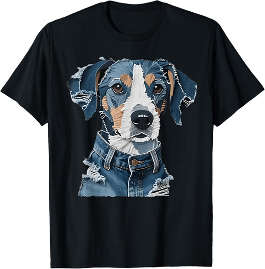 Retro Funny Denim Patch Animal Dog T-Shirt