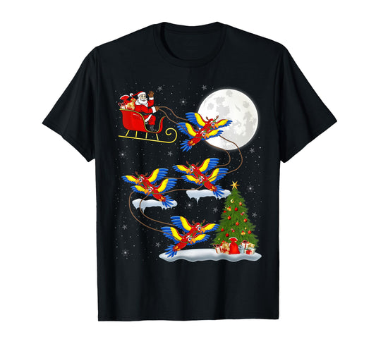 Funny Xmas Lighting Tree Santa Riding Macaw Christmas T-Shirt