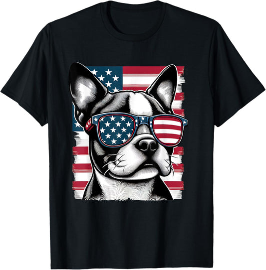 Boston Terrier Patriotic Sunglasess American Flag T-Shirt