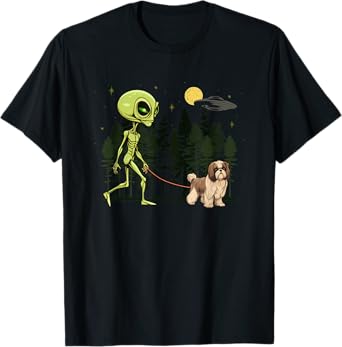 Funny Shih Tzu Alien Walking UFO Pet Dog Mom Dad T-Shirt
