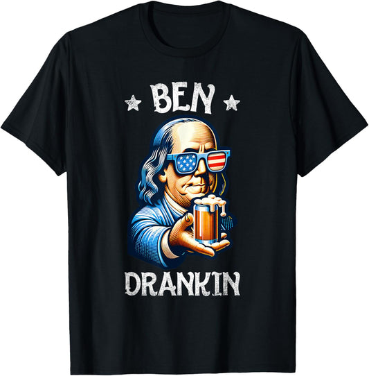 Funny Ben Drankin 4th Of July USA Flag Men Drinking Beer T-Shirt