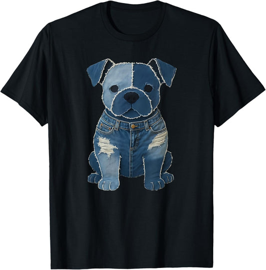 Funny Denim Patch Animal Dog Print Patchwork Art T-Shirt